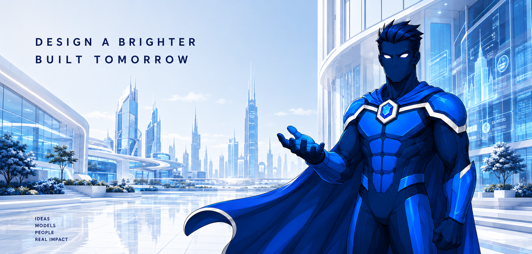 DUKE, the AriTitan hero, with architectural models and blue design panels
